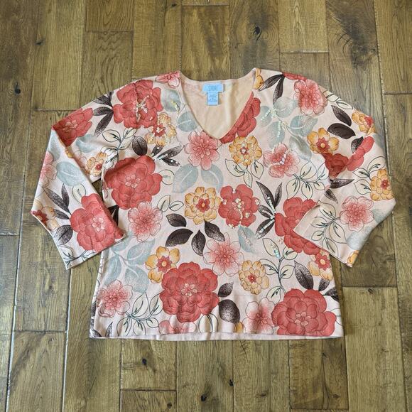 Shore Coral Peach Floral Silk Blend V-Neck Sweater Womens Sz XL Sequens - Picture 5 of 5